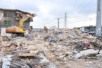 Remains of the Alakija building collapse, during a site visit by officials of the Lagos State Government, on Friday, 26 June 2026.