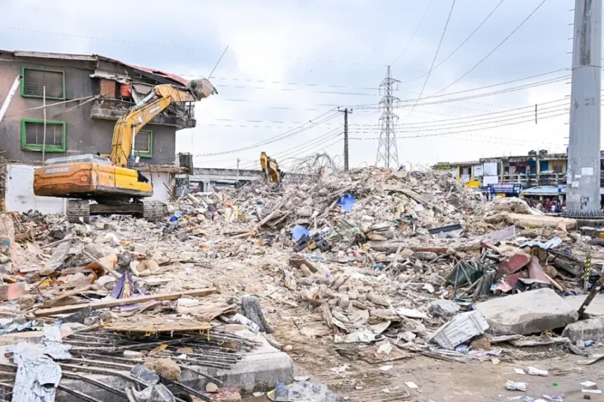 Remains of the Alakija building collapse, during a site visit by officials of the Lagos State Government, on Friday, 26 June 2026.