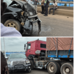 Damaged Honda SUV, Toyota pickup and articulated truck involved in a Kara Bridge accident