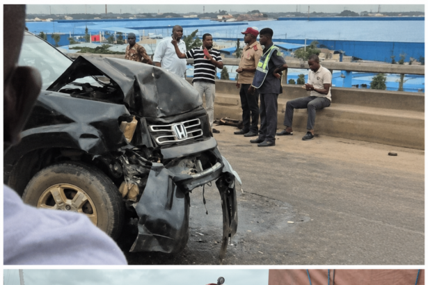 Damaged Honda SUV, Toyota pickup and articulated truck involved in a Kara Bridge accident