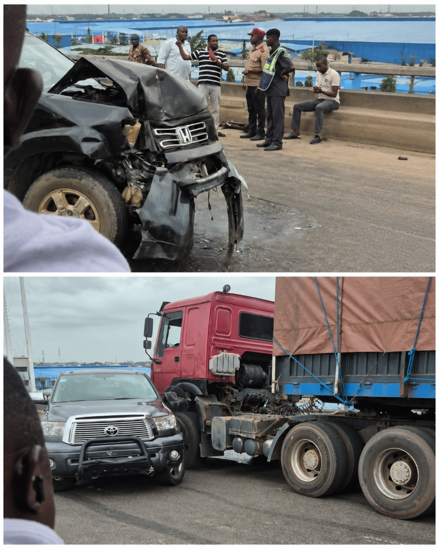 Damaged Honda SUV, Toyota pickup and articulated truck involved in a Kara Bridge accident