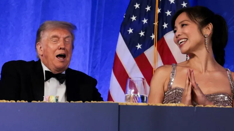 Donald Trump addressing journalists at the rescheduled White House Correspondents’ Dinner