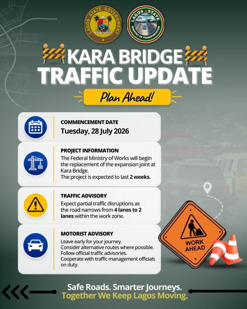 Lagos traffic advisory announcing two-week Kara Bridge repairs and partial lane closure