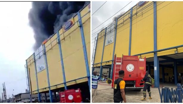 Smoke rising from the Justrite Superstore fire in the Akowonjo area of Lagos