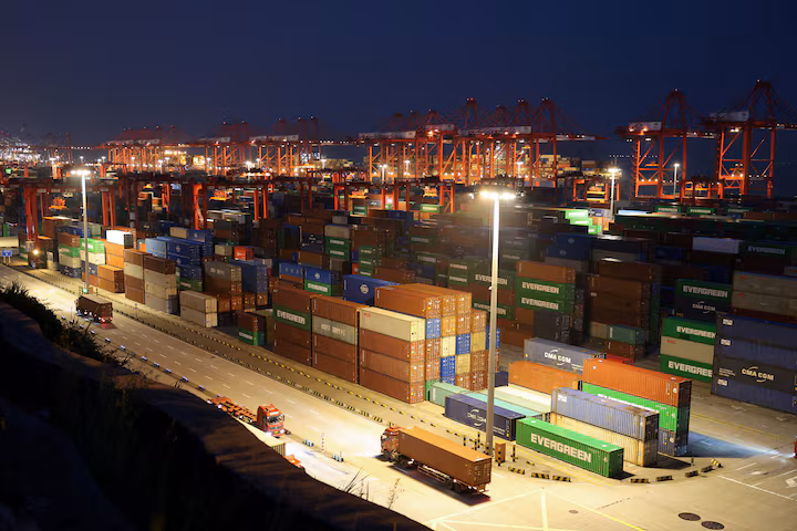Shipping containers at a Chinese port as exports rise on stronger global demand for AI-related technology