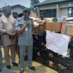 Nigeria Customs officers display seized explosives, narcotics and prohibited goods intercepted at Seme Border