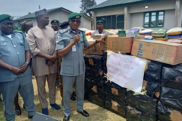 Nigeria Customs officers display seized explosives, narcotics and prohibited goods intercepted at Seme Border