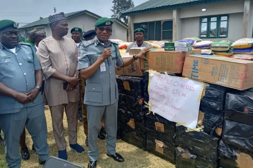 Nigeria Customs officers display seized explosives, narcotics and prohibited goods intercepted at Seme Border