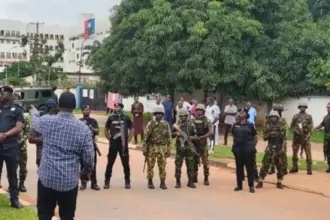 Security personnel deployed near the Ministry of Defence in Abuja ahead of military retirees’ pension protest