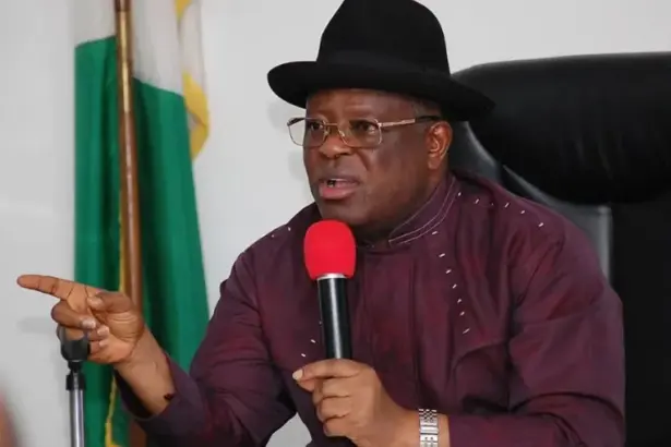 Works Minister David Umahi inspecting the damaged Benin-Agbor-Asaba Expressway following days of severe gridlock