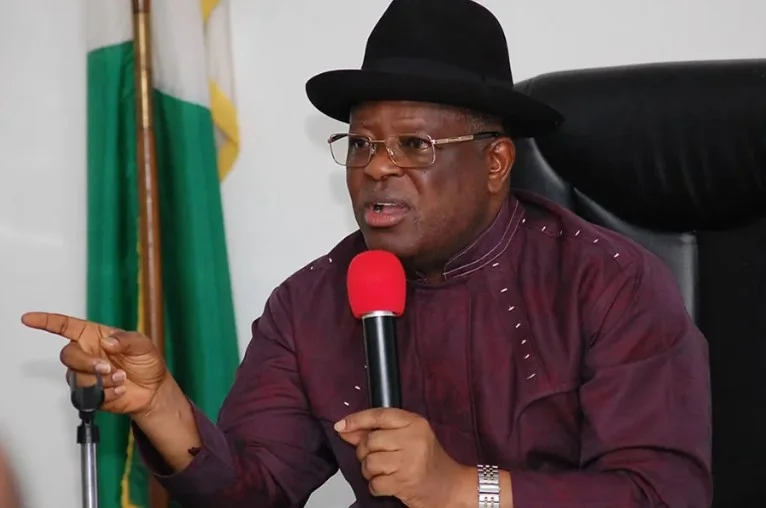 Works Minister David Umahi inspecting the damaged Benin-Agbor-Asaba Expressway following days of severe gridlock