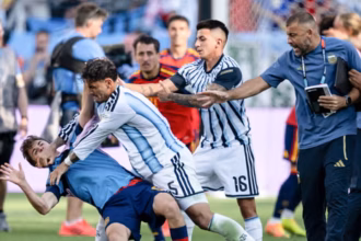 Argentina midfielder Leandro Paredes confronting Spain players after the 2026 World Cup final