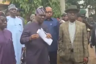 FCT Minister Nyesom Wike inspecting a flood-affected area in Maitama, Abuja