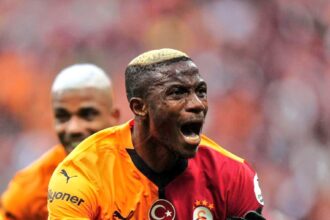 Victor Osimhen celebrates after scoring for Galatasaray against Erzurum FK