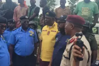 Traffic officers managing congestion along the Lagos-Ibadan Expressway