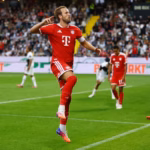 Harry Kane celebrating his winning goal for Bayern Munich against Elversberg