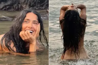 Salma Hayek celebrating her 60th birthday during an ocean swim