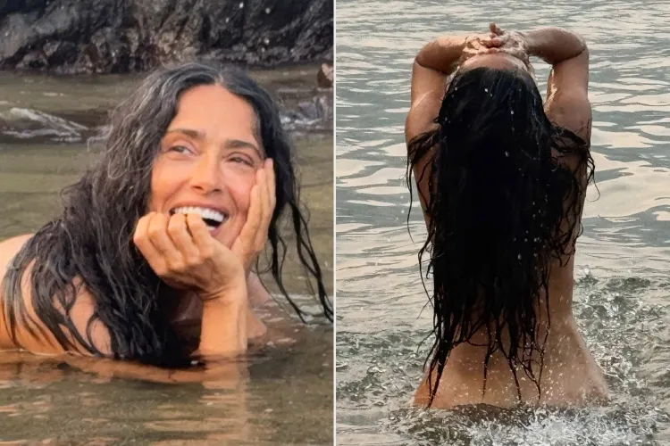 Salma Hayek celebrating her 60th birthday during an ocean swim