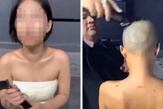 Woman holding her shaved hair after dispute over an unpaid bar bill in Bangkok