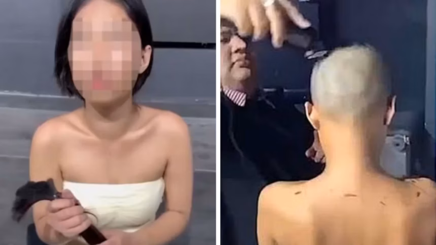 Woman holding her shaved hair after dispute over an unpaid bar bill in Bangkok