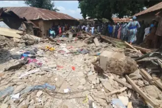 Emergency responders at the scene of a collapsed three-storey building in Ilorin, Kwara State