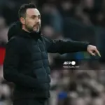 Tottenham manager Roberto De Zerbi reacting during a Premier League match
