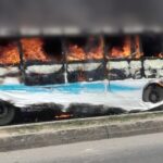BRT bus engulfed in flames after an accident involving a motorcyclist at Ogolonto, Ikorodu, Lagos