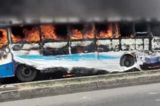 BRT bus engulfed in flames after an accident involving a motorcyclist at Ogolonto, Ikorodu, Lagos