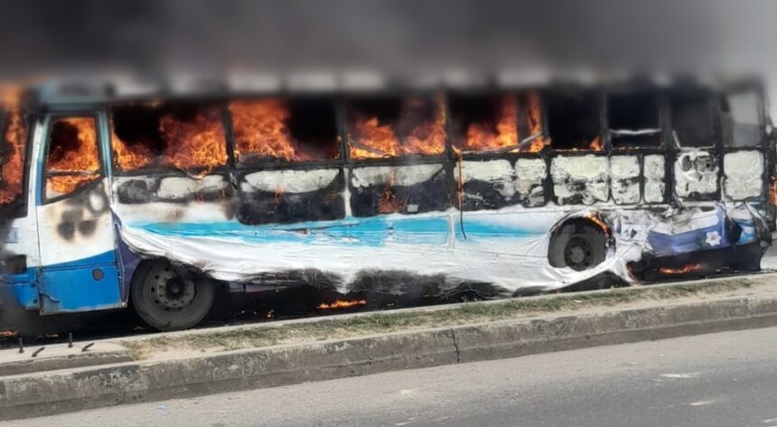 BRT bus engulfed in flames after an accident involving a motorcyclist at Ogolonto, Ikorodu, Lagos