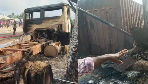 Burnt shops and vehicles after tanker fire in Odukpani, Cross River