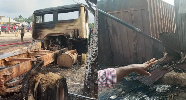 Burnt shops and vehicles after tanker fire in Odukpani, Cross River