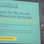 Nigerian businesswoman Folorunso Alakija receives an honorary doctorate from the University of Buckingham in the UK.