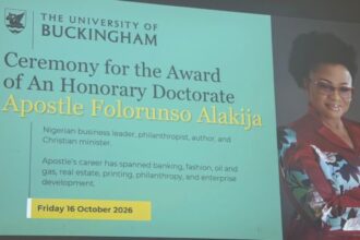 Nigerian businesswoman Folorunso Alakija receives an honorary doctorate from the University of Buckingham in the UK.