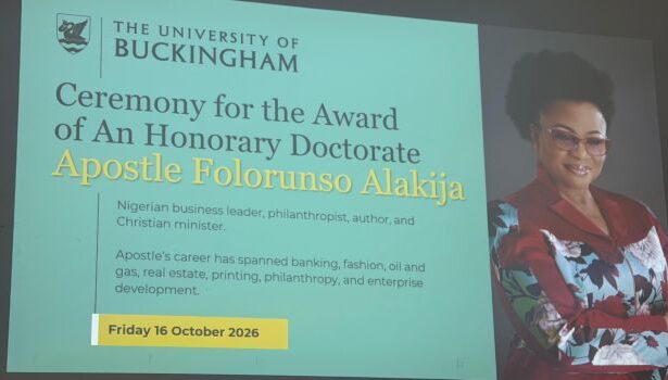 Nigerian businesswoman Folorunso Alakija receives an honorary doctorate from the University of Buckingham in the UK.