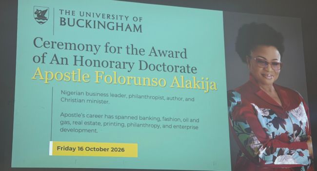 Nigerian businesswoman Folorunso Alakija receives an honorary doctorate from the University of Buckingham in the UK.