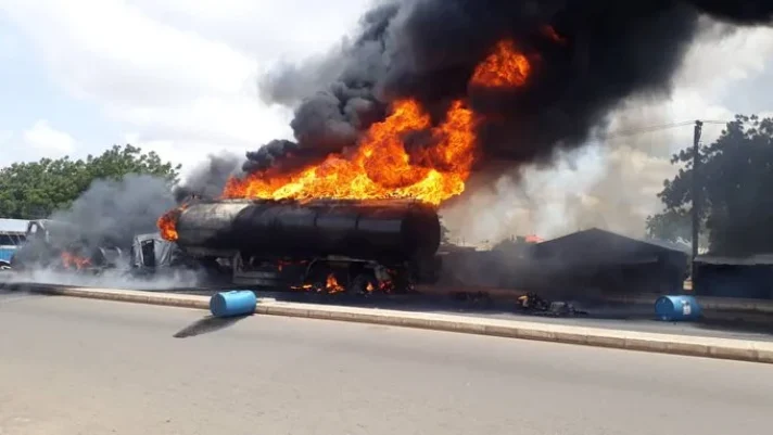 Firefighters battle tanker fire along Eleyele Road in Ibadan
