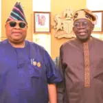 Osun Governor Ademola Adeleke dancing with President Bola Tinubu at the APC campaign council inauguration in Abuja