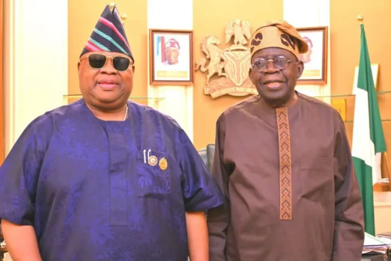 Osun Governor Ademola Adeleke dancing with President Bola Tinubu at the APC campaign council inauguration in Abuja